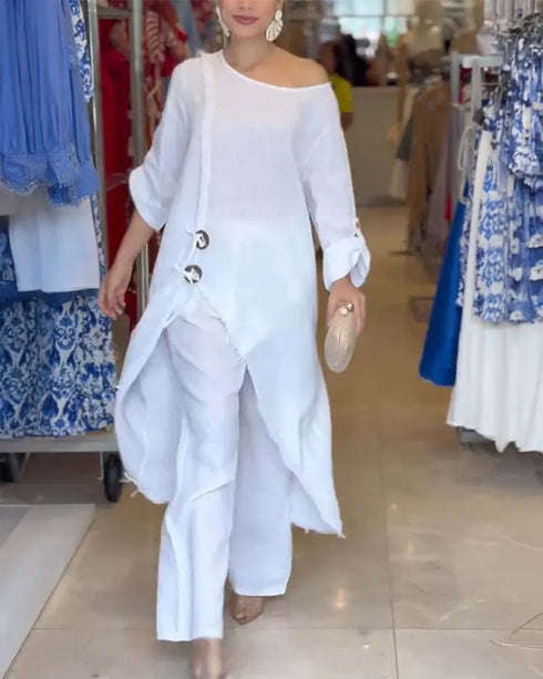 2 Pieces Outfit Button Decor One Shoulder Turn-Up Sleeves Slit Raw Edges Top and Casual Drawstring Elastic Waist Wide Leg Pants Set white