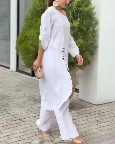 2 Pieces Outfit Button Decor One Shoulder Turn-Up Sleeves Slit Raw Edges Top and Casual Drawstring Elastic Waist Wide Leg Pants Set white
