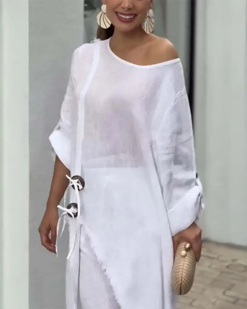 2 Pieces Outfit Button Decor One Shoulder Turn-Up Sleeves Slit Raw Edges Top and Casual Drawstring Elastic Waist Wide Leg Pants Set white