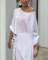 2 Pieces Outfit Button Decor One Shoulder Turn-Up Sleeves Slit Raw Edges Top and Casual Drawstring Elastic Waist Wide Leg Pants Set white