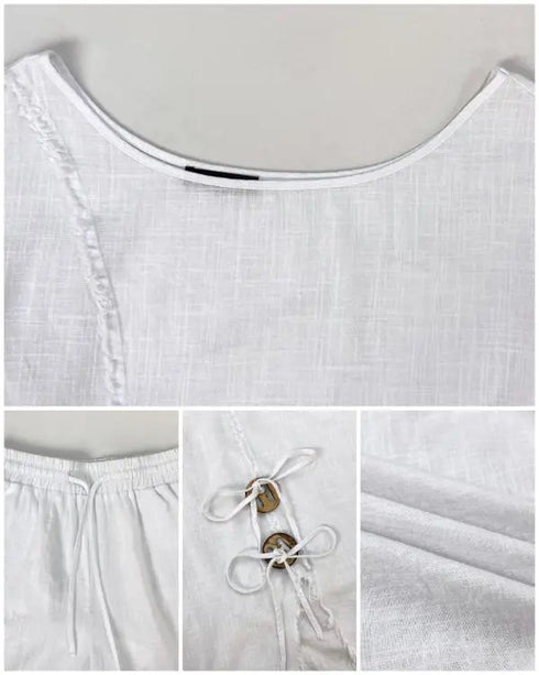 2 Pieces Outfit Button Decor One Shoulder Turn-Up Sleeves Slit Raw Edges Top and Casual Drawstring Elastic Waist Wide Leg Pants Set white