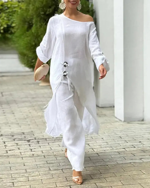 2 Pieces Outfit Button Decor One Shoulder Turn-Up Sleeves Slit Raw Edges Top and Casual Drawstring Elastic Waist Wide Leg Pants Set white