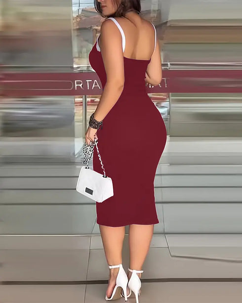 Contrast Paneled Button Decor Sleeveless Midi Dress red