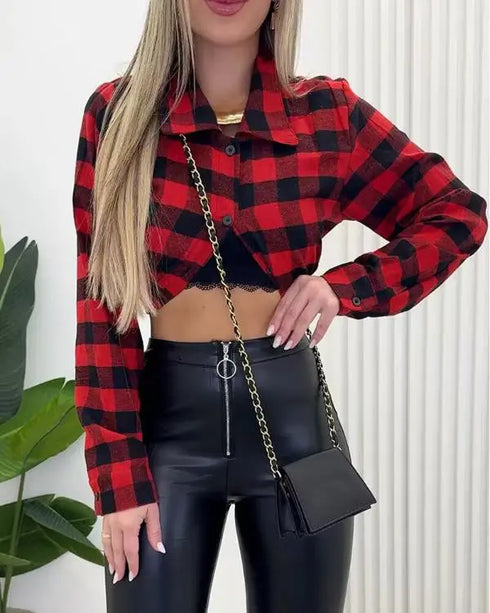 Plaid Pattern Button Down Shirts Long Sleeve Shackets Casual Blouse Top red