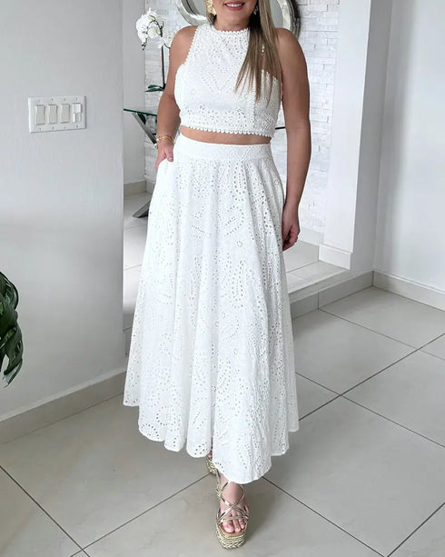 2 Pieces Outfit Lace Hollow Out Sleeveless Crop Top and Casual High Waist A Line Skirt Set white