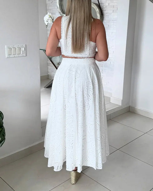 2 Pieces Outfit Lace Hollow Out Sleeveless Crop Top and Casual High Waist A Line Skirt Set white