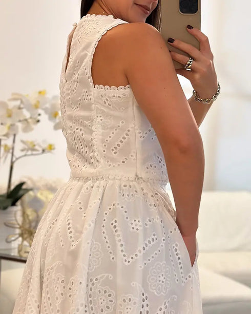 2 Pieces Outfit Lace Hollow Out Sleeveless Crop Top and Casual High Waist A Line Skirt Set white