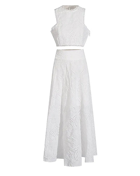 2 Pieces Outfit Lace Hollow Out Sleeveless Crop Top and Casual High Waist A Line Skirt Set white