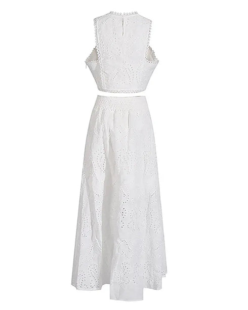 2 Pieces Outfit Lace Hollow Out Sleeveless Crop Top and Casual High Waist A Line Skirt Set white