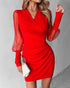 Beaded Mesh Long Sleeve Dress V-Neck Ruched Mini Cocktail Party Dress red
