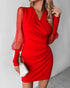 Beaded Mesh Long Sleeve Dress V-Neck Ruched Mini Cocktail Party Dress red