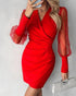 Beaded Mesh Long Sleeve Dress V-Neck Ruched Mini Cocktail Party Dress red