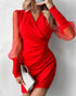 Beaded Mesh Long Sleeve Dress V-Neck Ruched Mini Cocktail Party Dress red