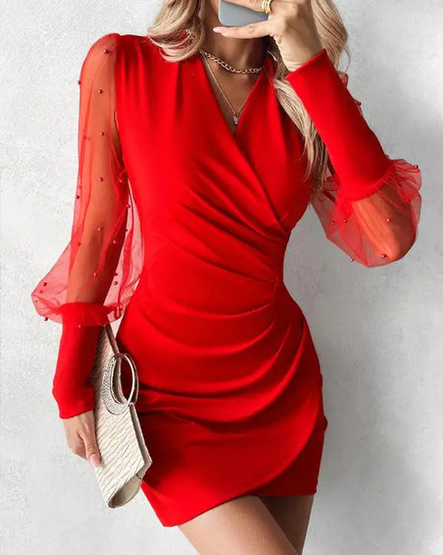 Beaded Mesh Long Sleeve Dress V-Neck Ruched Mini Cocktail Party Dress red