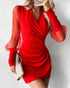 Beaded Mesh Long Sleeve Dress V-Neck Ruched Mini Cocktail Party Dress red