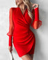Beaded Mesh Long Sleeve Dress V-Neck Ruched Mini Cocktail Party Dress red