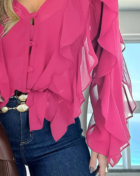 Ombre V Neck Shoulder Asymmetrical Ruffles Blouse Casual Button Front Long Sleeve Top hot pink