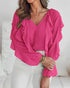 Ombre V Neck Shoulder Asymmetrical Ruffles Blouse Casual Button Front Long Sleeve Top hot pink