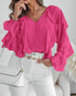 Ombre V Neck Shoulder Asymmetrical Ruffles Blouse Casual Button Front Long Sleeve Top hot pink