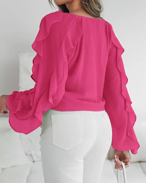 V Neck Shoulder Ruffles Design Blouse Casual Button Front Long Sleeve Top hot pink