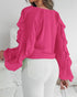 Ombre V Neck Shoulder Asymmetrical Ruffles Blouse Casual Button Front Long Sleeve Top hot pink