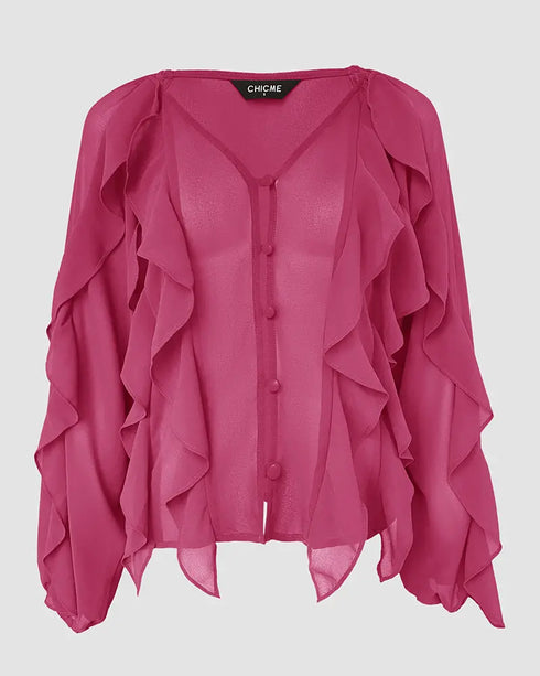 Ombre V Neck Shoulder Asymmetrical Ruffles Blouse Casual Button Front Long Sleeve Top hot pink