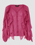 Ombre V Neck Shoulder Asymmetrical Ruffles Blouse Casual Button Front Long Sleeve Top hot pink