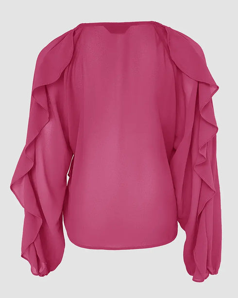 Ombre V Neck Shoulder Asymmetrical Ruffles Blouse Casual Button Front Long Sleeve Top hot pink