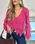 V Neck Shoulder Ruffles Design Blouse Casual Button Front Long Sleeve Top hot pink