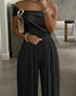 Metal Ring Decor Off Shoulder Ruched High Waist Jumpsuit Casual Cinched Waist Wide Leg Jumpsuit black