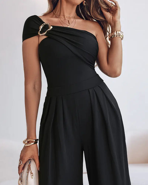 Metal Ring Decor Off Shoulder Ruched High Waist Jumpsuit Casual Cinched Waist Wide Leg Jumpsuit black