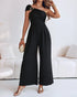 Metal Ring Decor Off Shoulder Ruched High Waist Jumpsuit Casual Cinched Waist Wide Leg Jumpsuit black