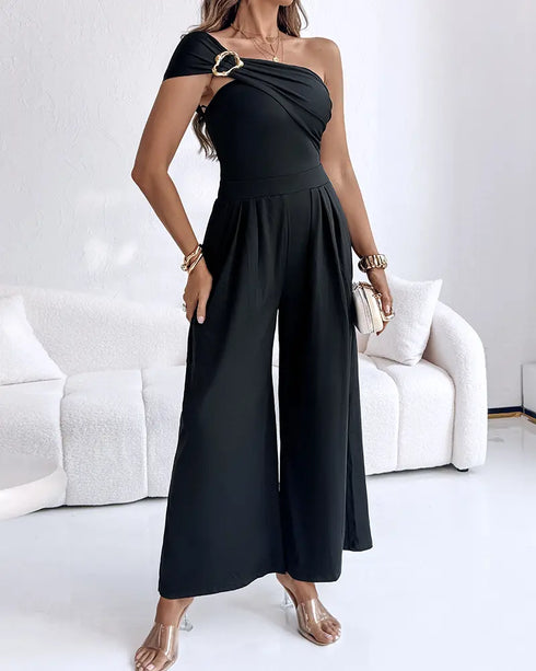 Metal Ring Decor All Over Print One Shoulder Ruched Jumpsuit Casual Pleated Wide Leg Jumpsuit black