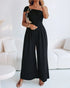 Metal Ring Decor All Over Print One Shoulder Ruched Jumpsuit Casual Pleated Wide Leg Jumpsuit black