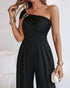 Metal Ring Decor Off Shoulder Ruched High Waist Jumpsuit Casual Cinched Waist Wide Leg Jumpsuit black