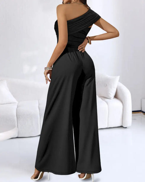 Metal Ring Decor All Over Print One Shoulder Ruched Jumpsuit Casual Pleated Wide Leg Jumpsuit black