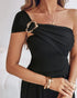 Metal Ring Decor Off Shoulder Ruched High Waist Jumpsuit Casual Cinched Waist Wide Leg Jumpsuit black