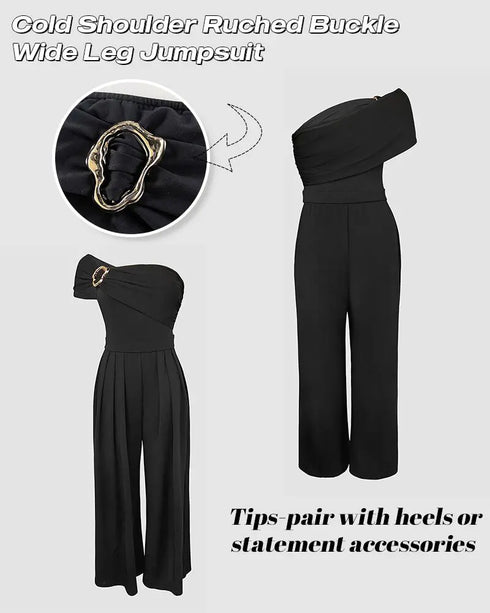 Cold Shoulder Ruched Buckle Wide Leg Jumpsuit black