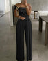 Cold Shoulder Ruched Buckle Wide Leg Jumpsuit black