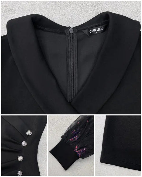 Butterfly Pattern Contrast Sequin Sheer Mesh V-Neck Ruched Bodycon Elegant Mini Dress black