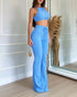 2 Piece Waffle Knit Halter Backless Crop Top High-Waisted Drawstring Wide Leg Casual Pants Set blue