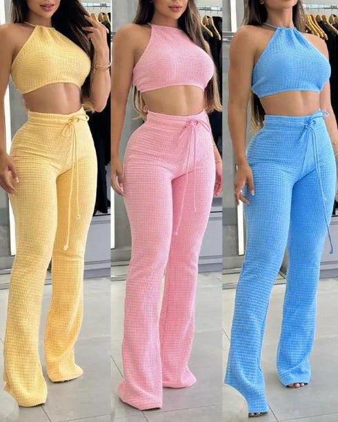2 Piece Waffle Knit Halter Backless Crop Top High-Waisted Drawstring Wide Leg Casual Pants Set blue