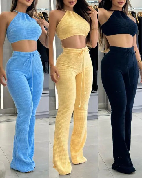 2 Piece Waffle Knit Halter Backless Crop Top High-Waisted Drawstring Wide Leg Casual Pants Set blue