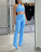 2 Piece Waffle Knit Halter Backless Crop Top High-Waisted Drawstring Wide Leg Casual Pants Set blue