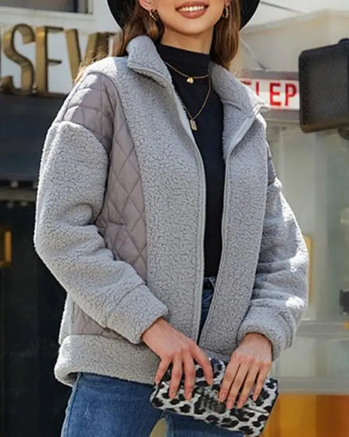 Women's Pocket Design Patchwork Long Sleeve Fluffy Teddy Puffer Coat gray