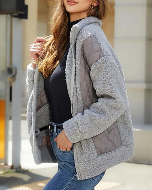 Women's Pocket Design Patchwork Long Sleeve Fluffy Teddy Puffer Coat gray