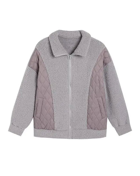 Women's Pocket Design Patchwork Long Sleeve Fluffy Teddy Puffer Coat gray