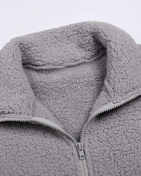 Women's Pocket Design Patchwork Long Sleeve Fluffy Teddy Puffer Coat gray