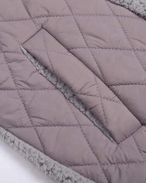 Women's Pocket Design Patchwork Long Sleeve Fluffy Teddy Puffer Coat gray