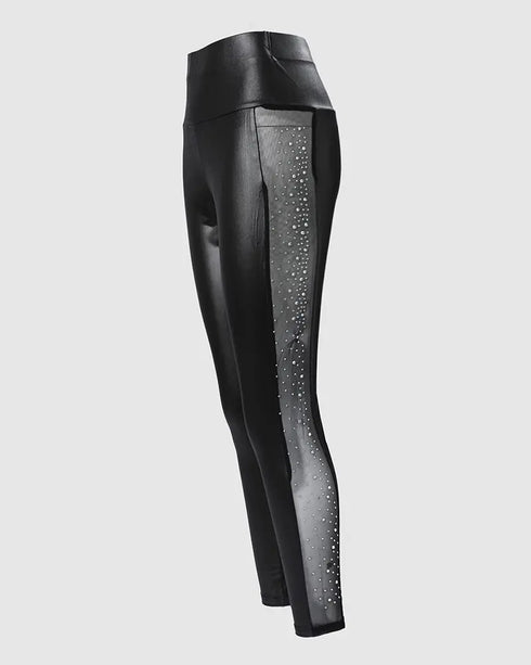 Rhinestone Contrast Mesh High Waist Skinny Pants Sexy Slim Fit Pu Leather Pants black